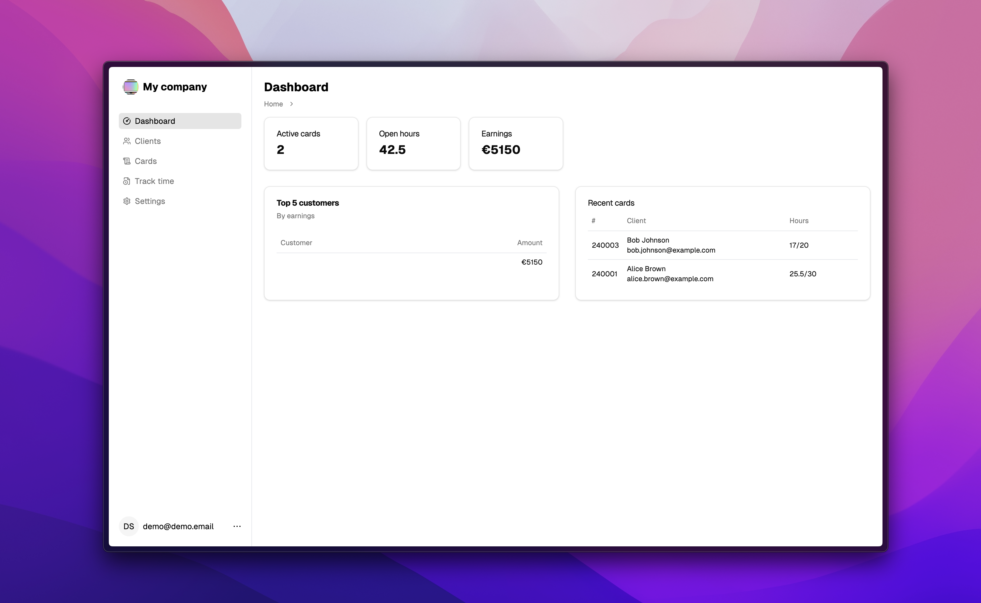 Screenshot of the application dashboard